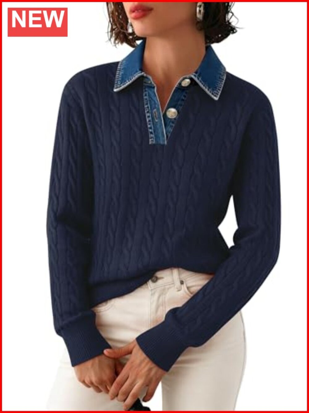 Cable Knit Denim Lapel V Neck Button Pullover Sweater